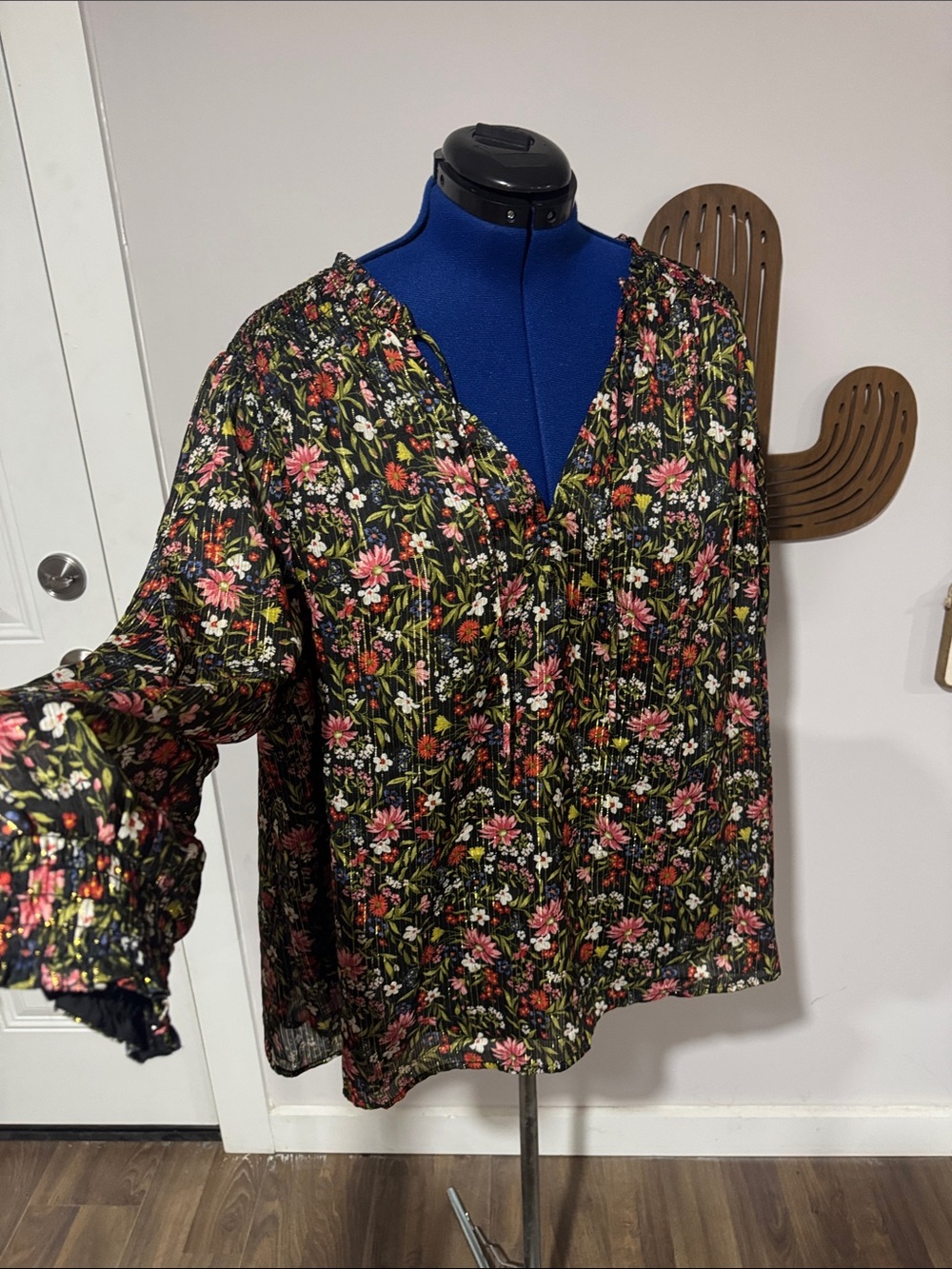 Floral Peasant Blouse - Black with Pink & Green Floral Print